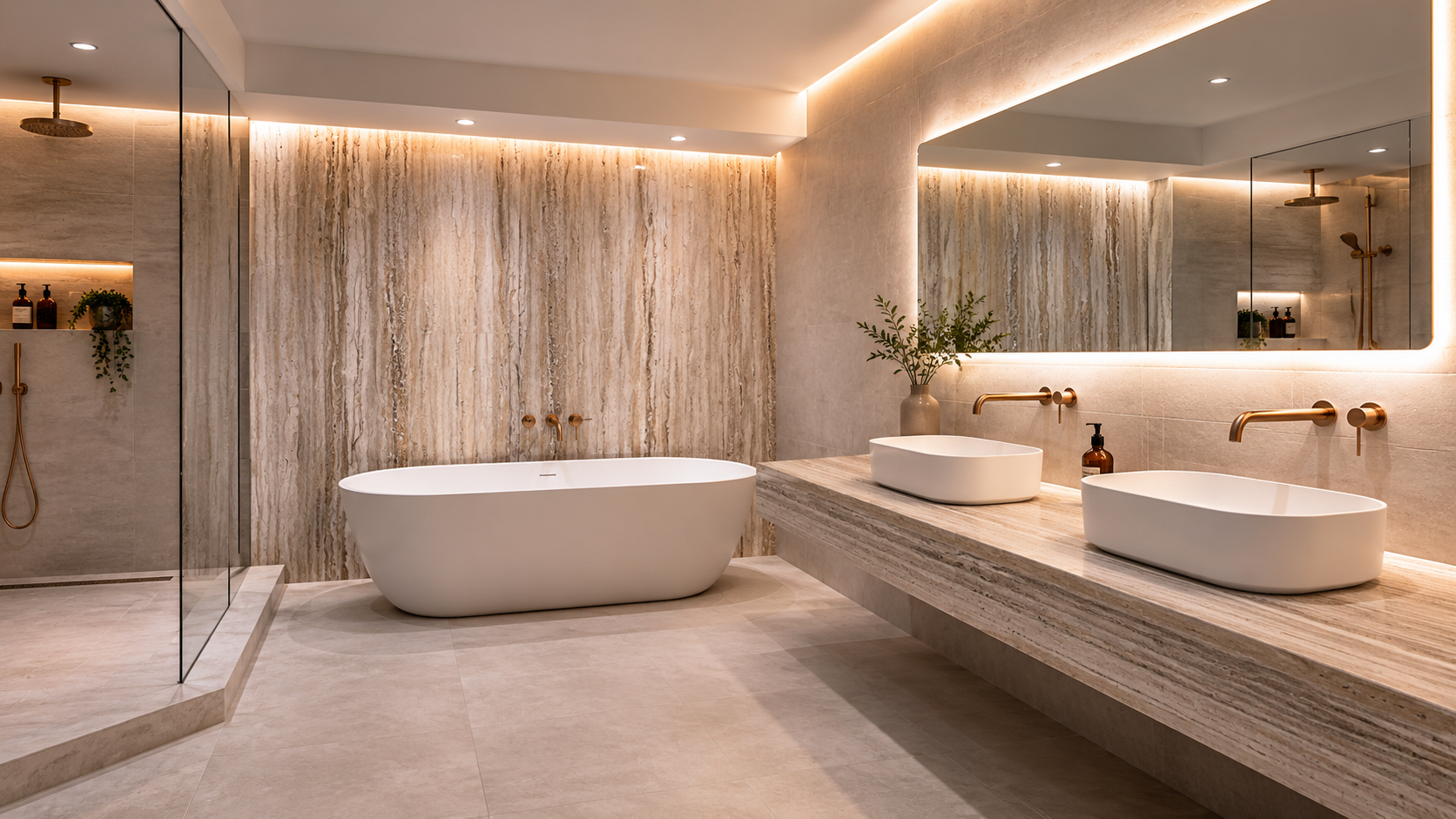 Travertine bathroom with freestanding tub