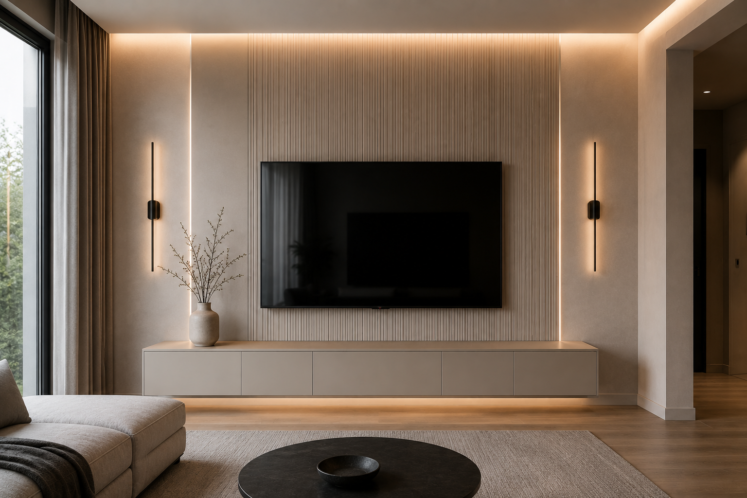 Modern living room with backlit slat TV wall